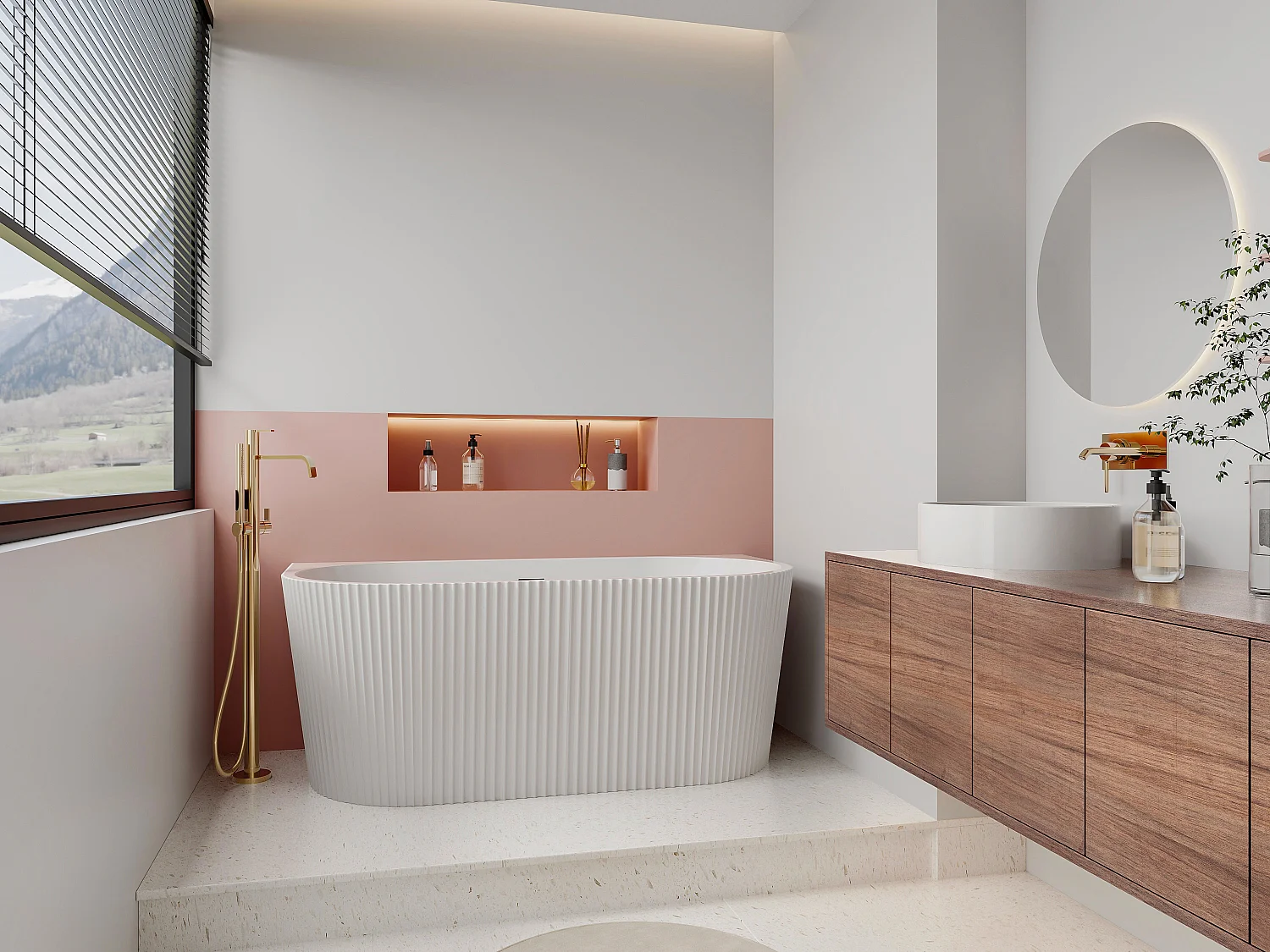 Baignoire semi îlot striée - 250 L - 170,5 x 80 x 58,5 cm - Blanc brillant - Acrylique - ZELINA