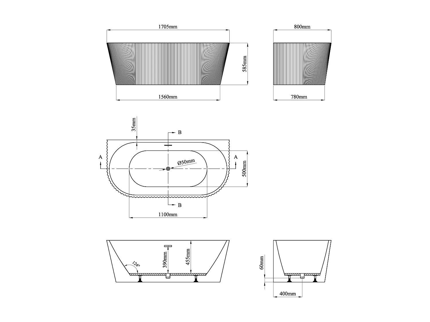 Geribbeld, halfvrijstaand bad - 250 liter - 170,5 x 80 x 58,5 cm - Glanzend wit - Acryl - ZELINA