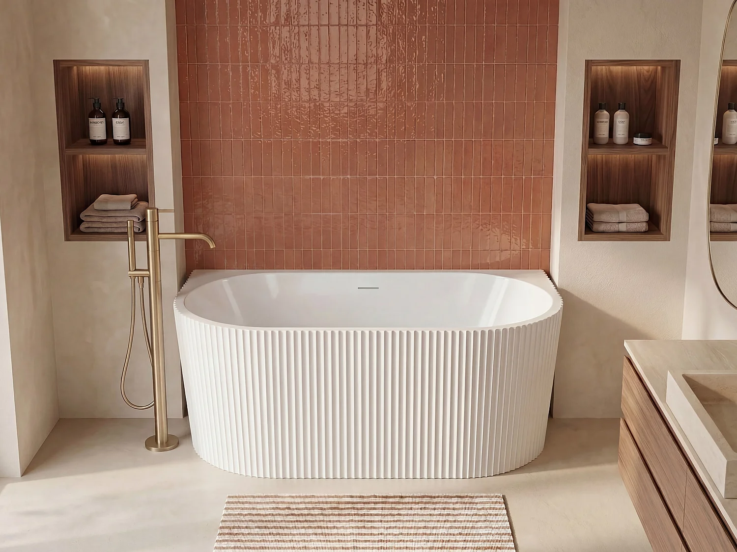 Banheira de pousar e de encostar estriada 250 L, 170,5 x 80 x 58,5 cm, acrílico branco brilhante - ZELINA