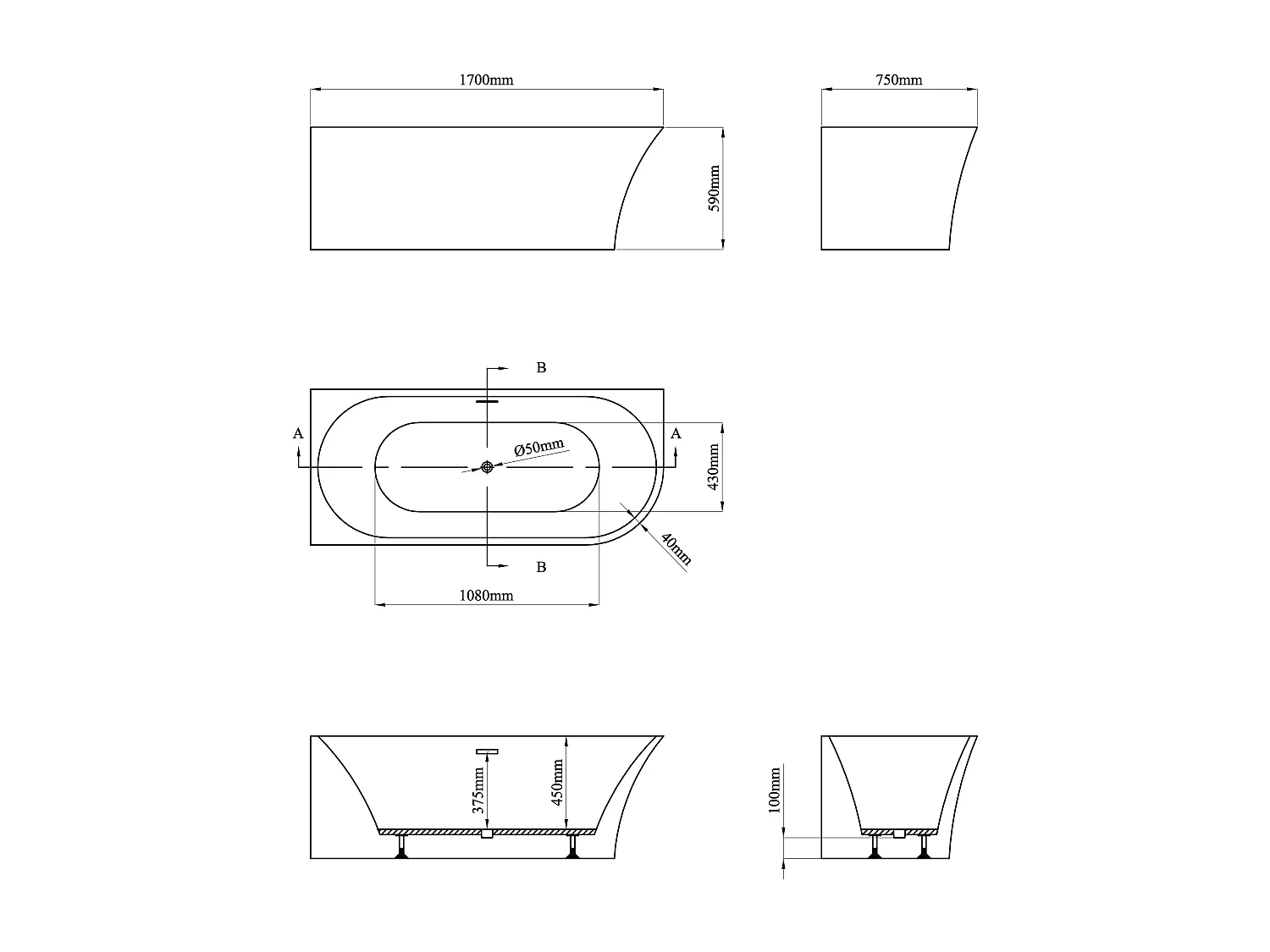 Hjørnebadekar - 228 L - 170 x 75 x 59 cm - Hvidt - Akryl - Venstre hjørne - PONTICOLA