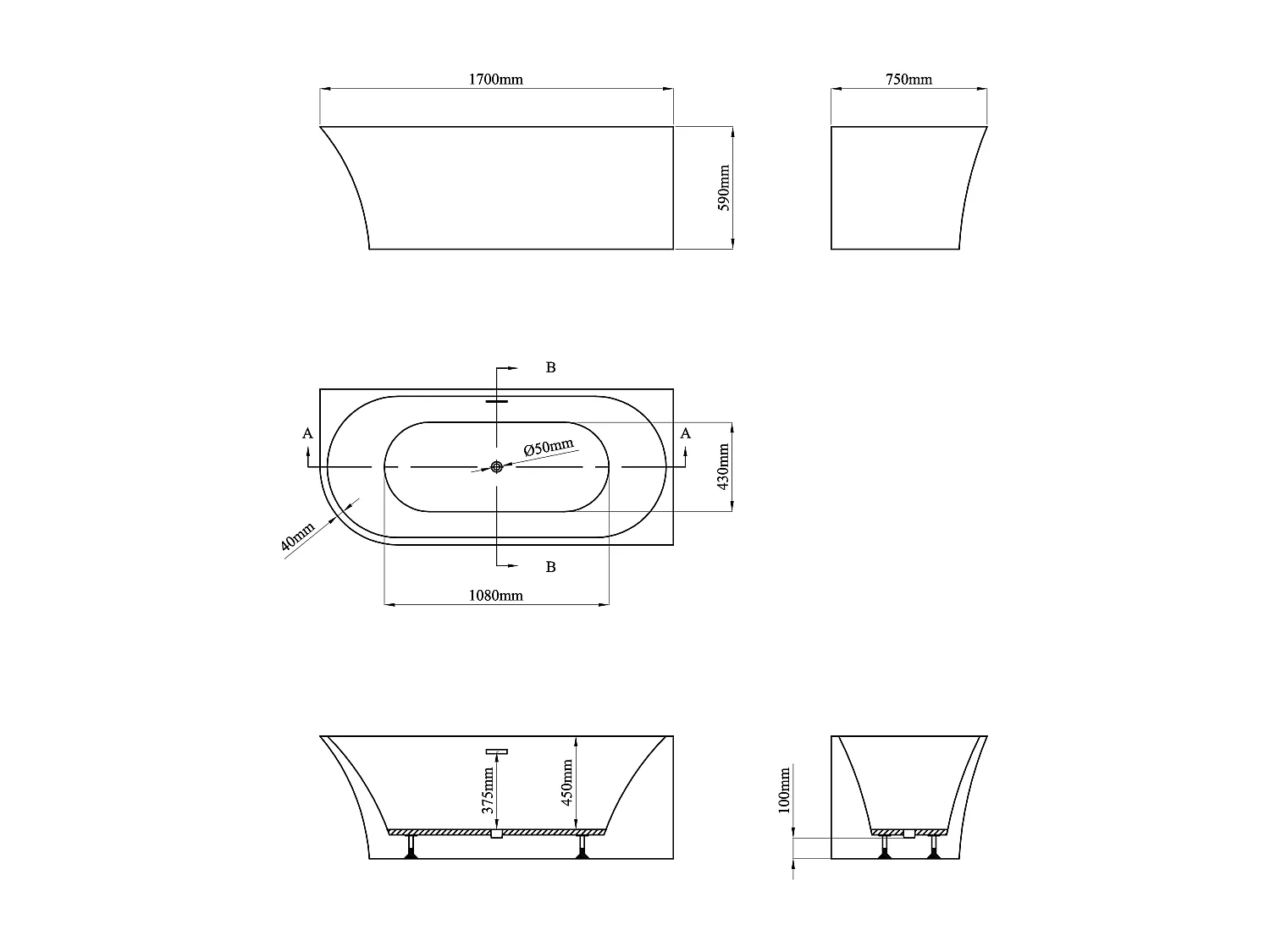 Baignoire d'angle - 228 L - 170 x 75 x 59 cm - Blanche - Acrylique - Angle droit - PONTICOLA
