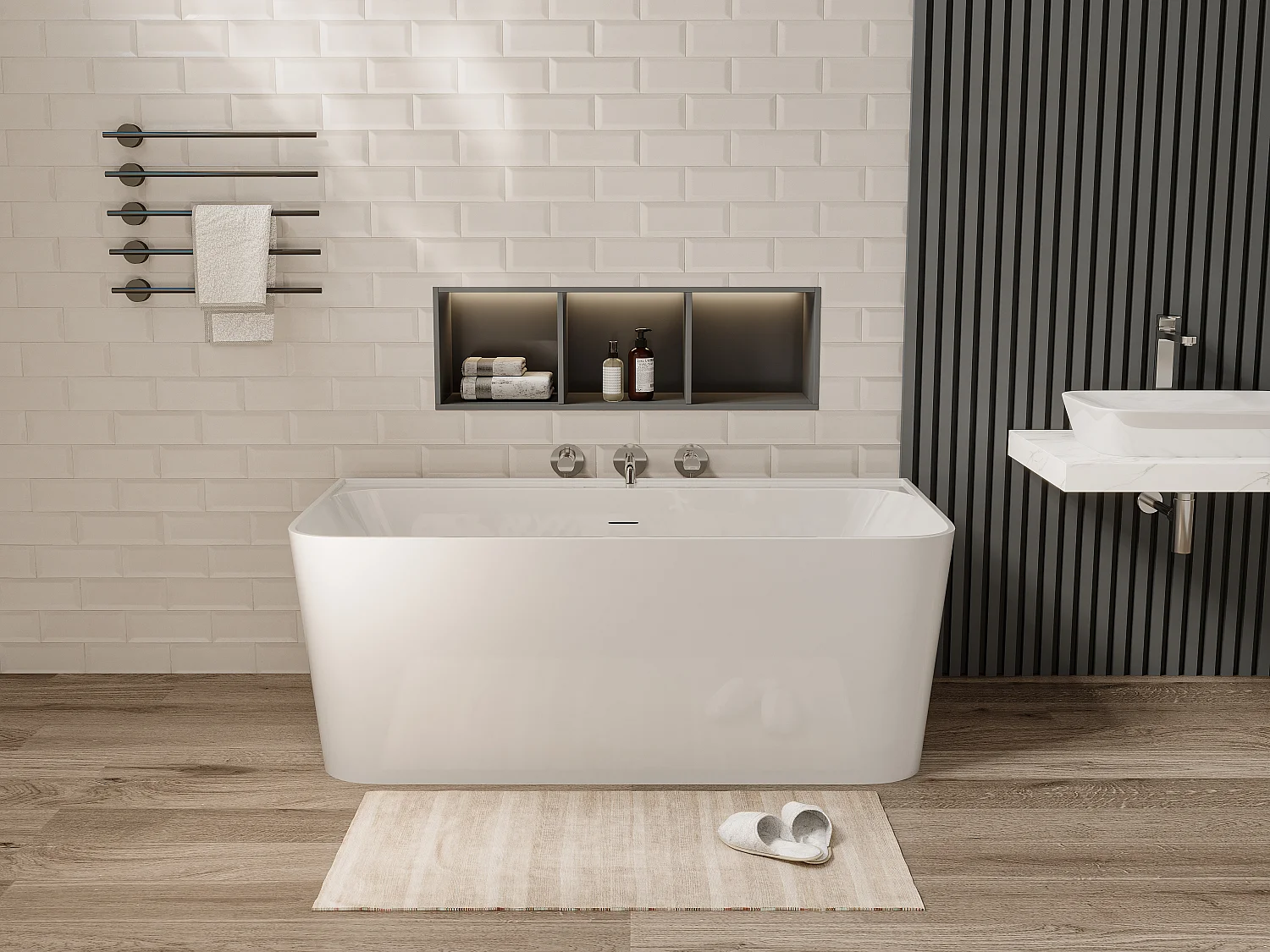 Baignoire semi-îlot rectangulaire - 216L - 150 x 75 x 60 cm - Blanc brillant - Acrylique - ATESA