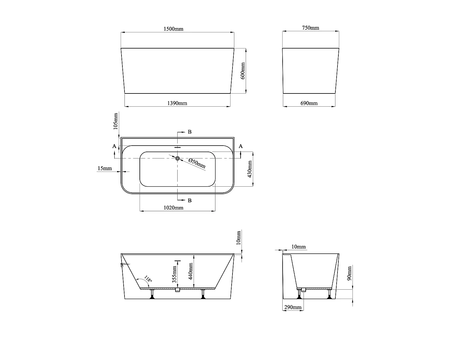Wanna wolnostojąca przyścienna prostokątna - 216 l - 150 x 75 x 60 cm - Biały z połyskiem - Akryl - ATESA
