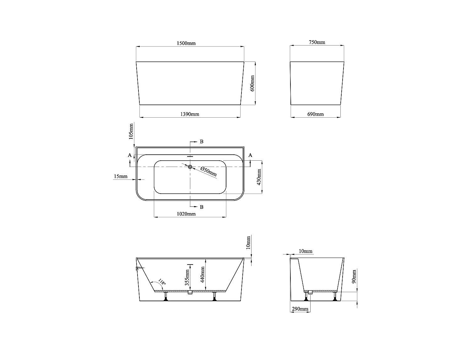 Banheira de pousar e de encostar retangular 216 L, 150 x 75 x 60 cm, acrílico branco brilhante - ATESA