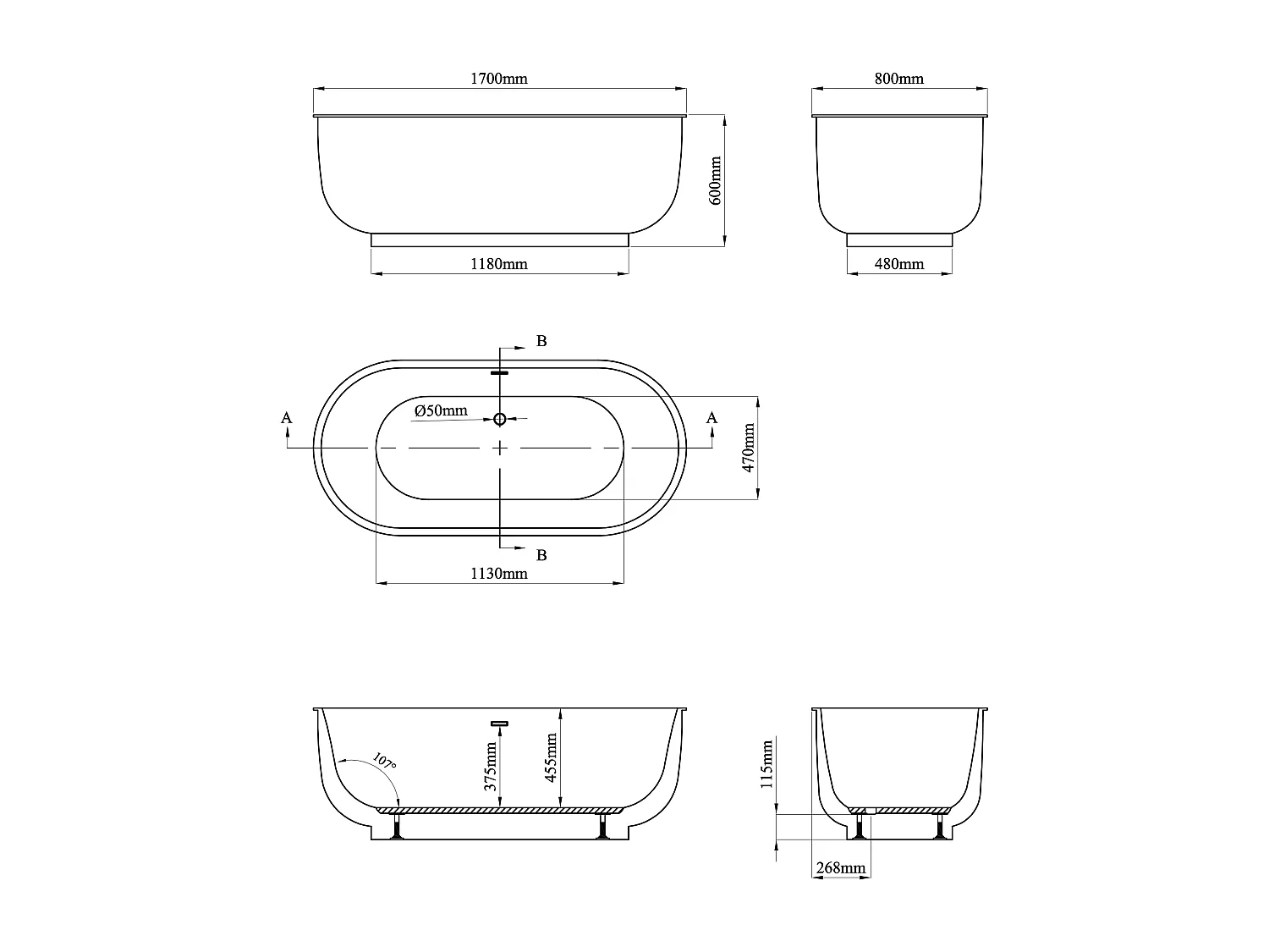 Bañera exenta ovalada - 257 L - 170 x 80 x 60 cm - Blanco mate - Acrílico - BOGLIETA