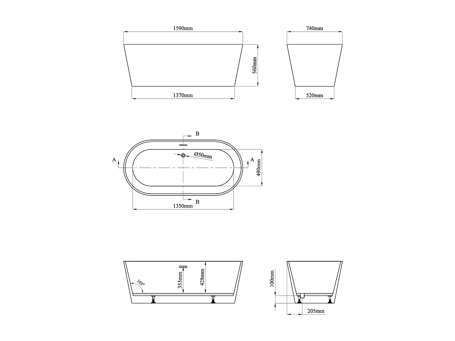 Freistehende Badewanne oval - 255 L - 159 x 74 x 56 cm - Acryl - Khaki matt - LUZECA