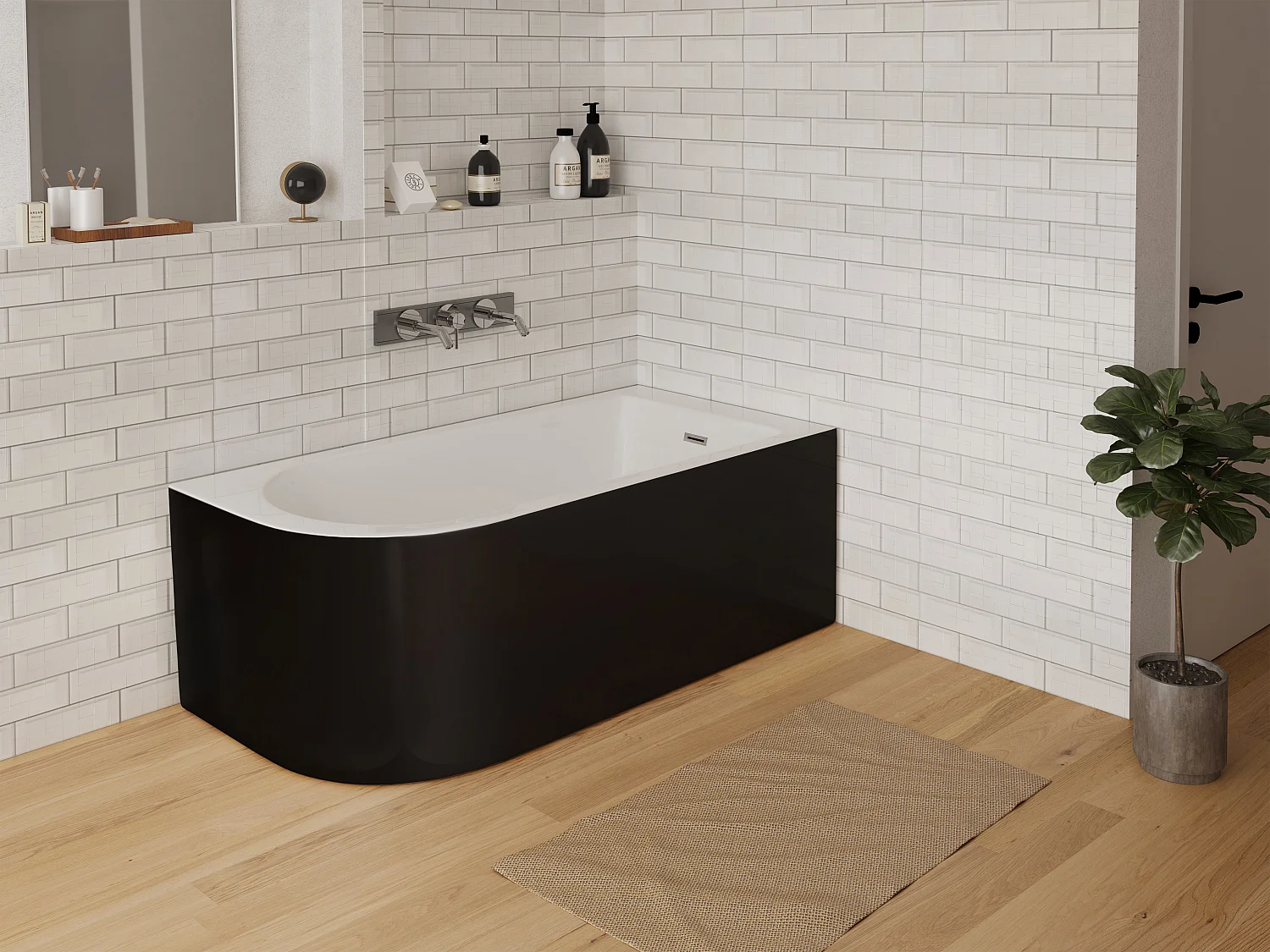 Baignoire d'angle - 201L - 150 x 75 x 58 cm - Noir brillant - Angle droit - ANIKA