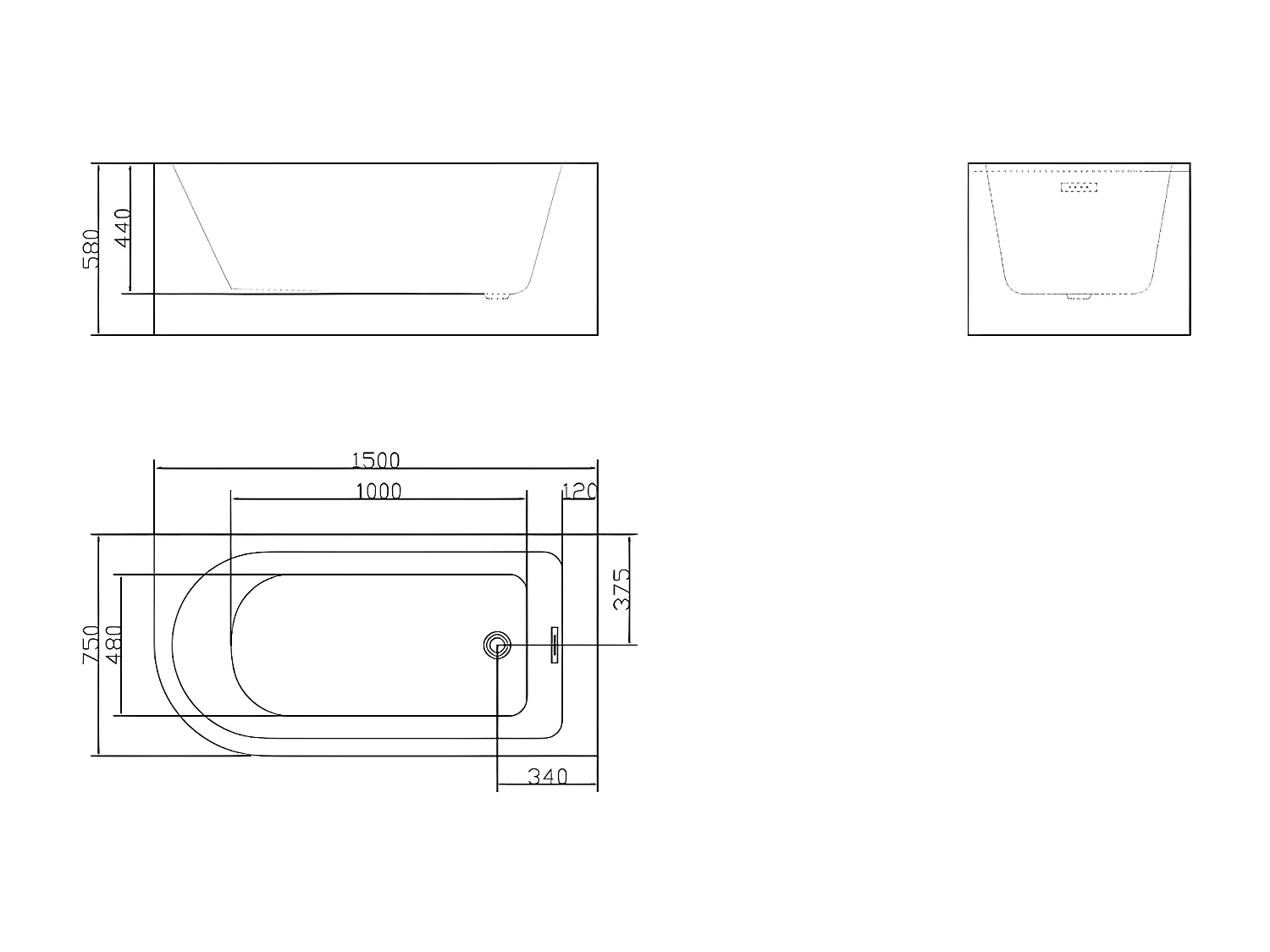 Hoekbad - 201 liter - 150 x 75 x 58 cm - Glanzend zwart - Hoek rechts - ANIKA