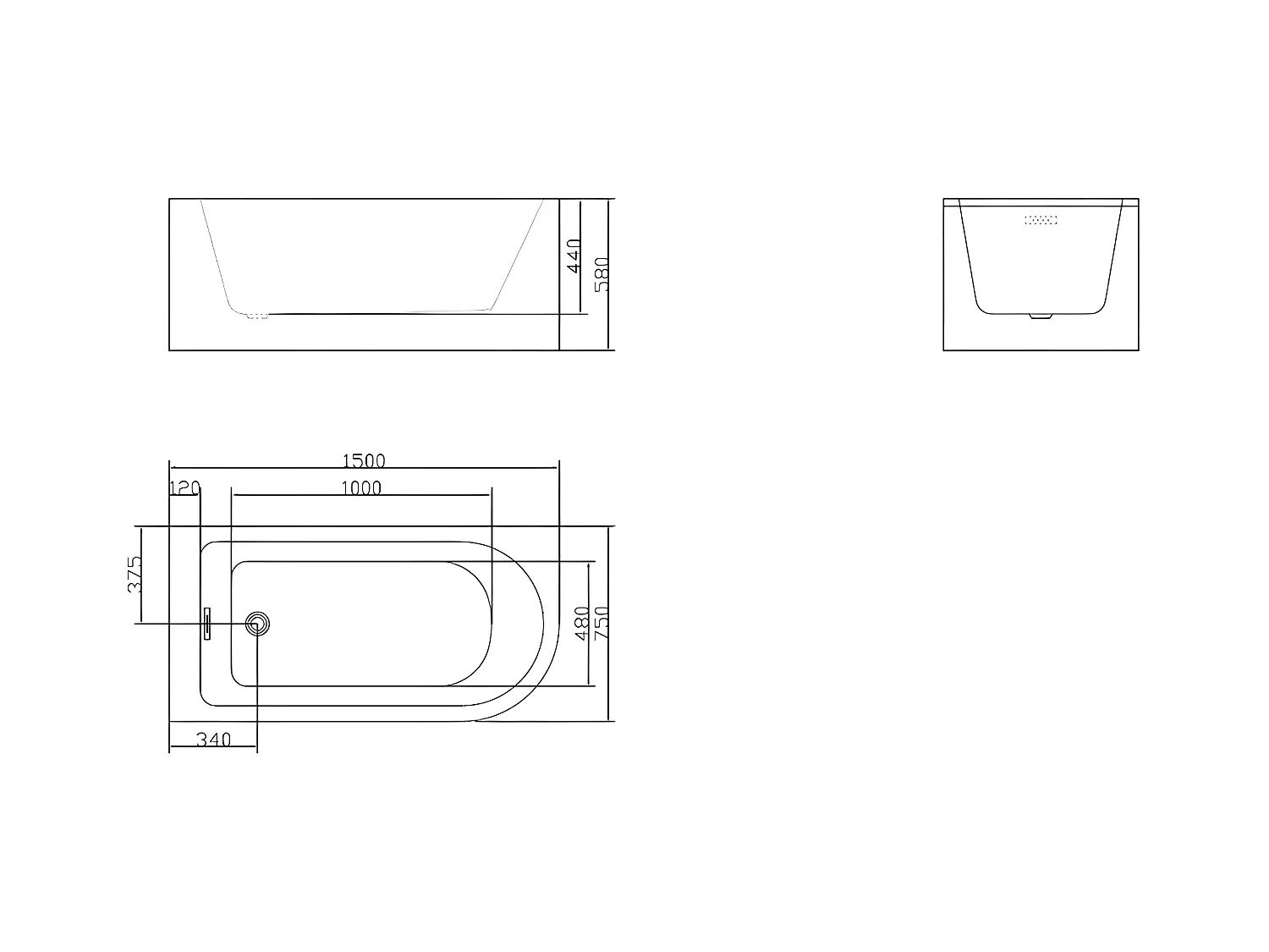 Hoekbad - 201 liter - 150 x 75 x 58 cm - Glanzend zwart - Hoek links - ANIKA