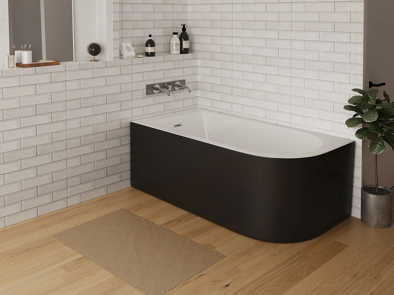 Eckbadewanne - 201 L - 150 x 75 x 58 cm - Schwarz glänzend - Ecke links - ANIKA