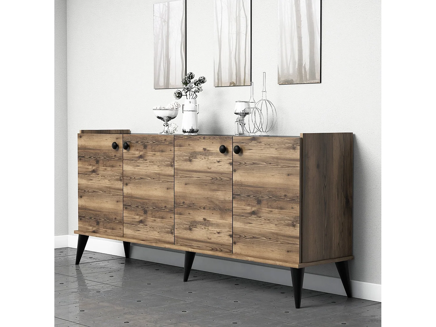 Buffet bas 4 portes Nidan 180cm Bois et Effet marbre Noir