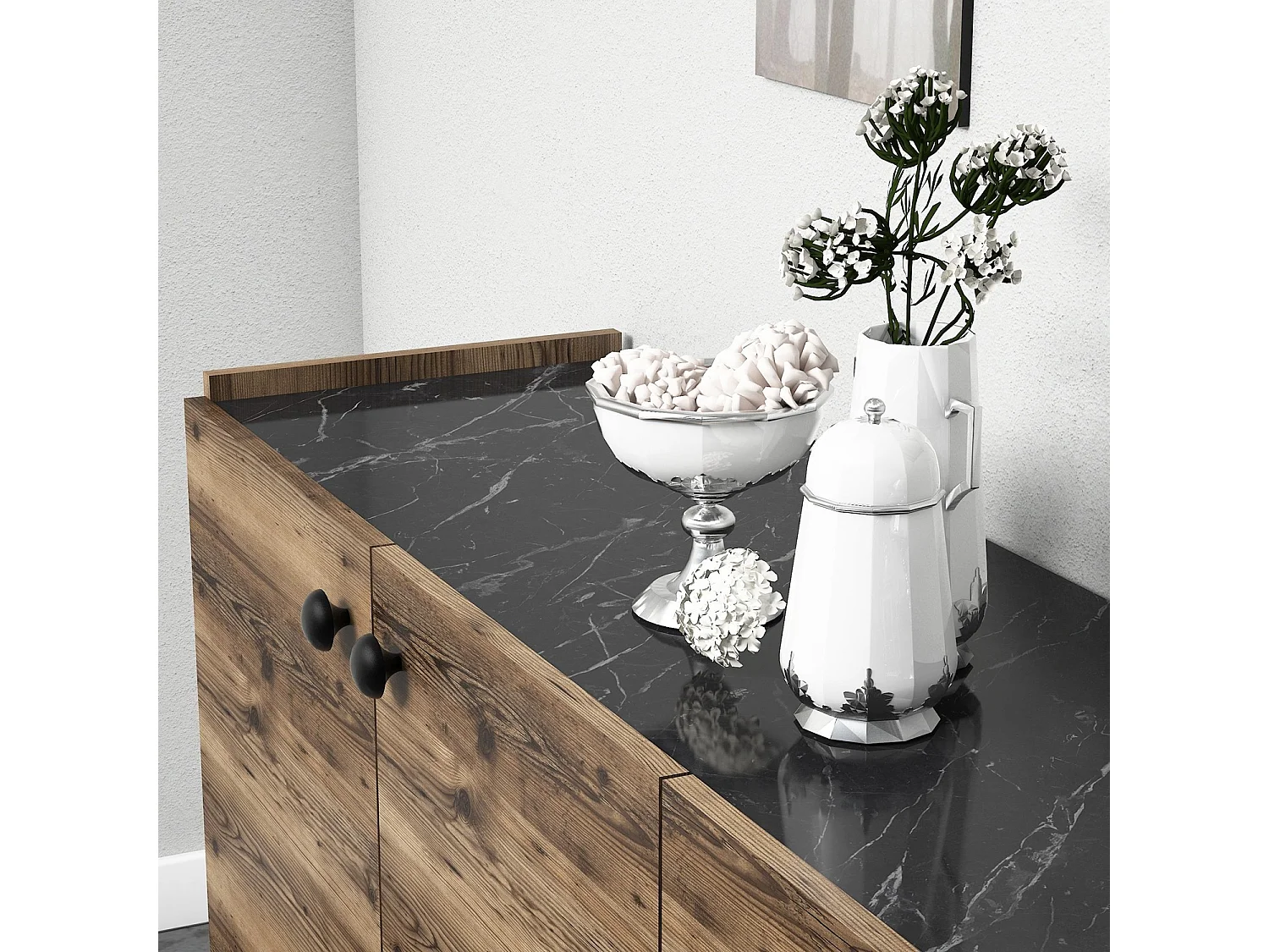 Buffet bas 4 portes Nidan 180cm Bois et Effet marbre Noir