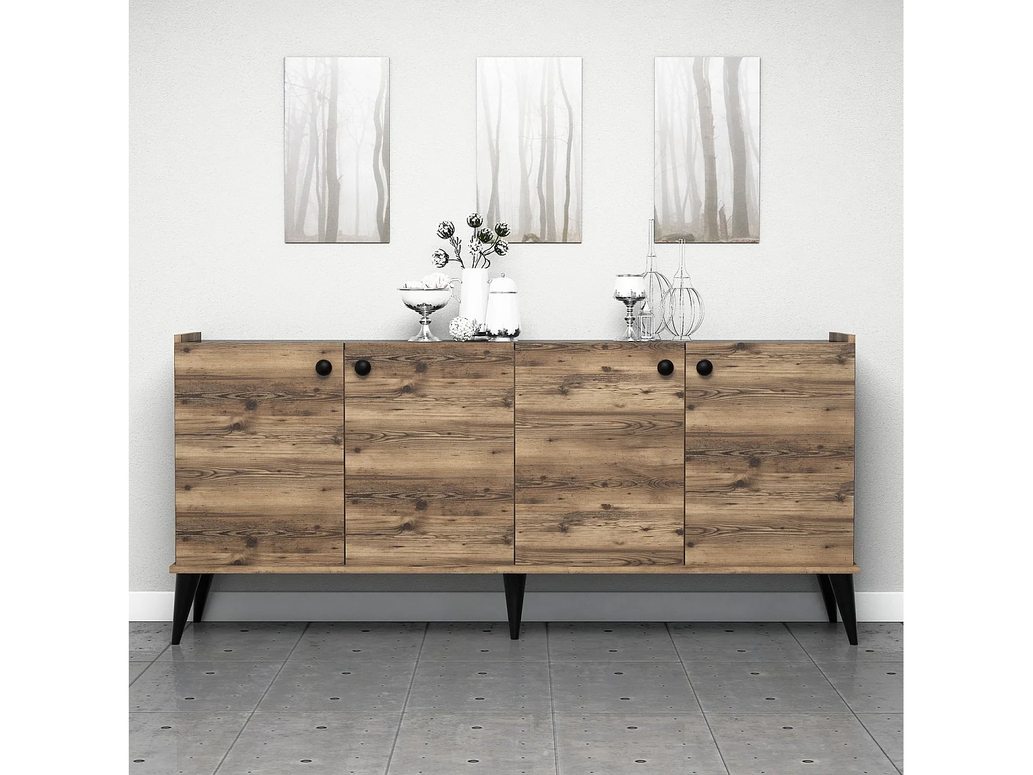 Buffet bas 4 portes Nidan 180cm Bois et Effet marbre Noir