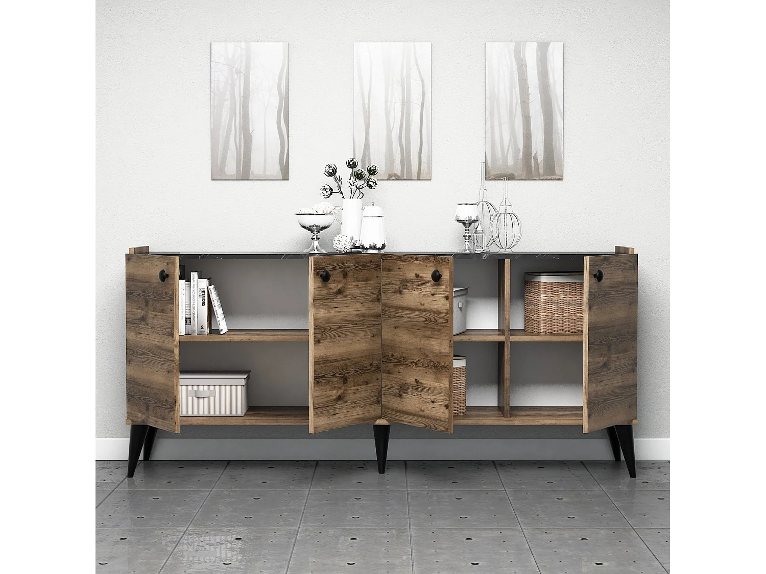 Buffet bas 4 portes Nidan 180cm Bois et Effet marbre Noir