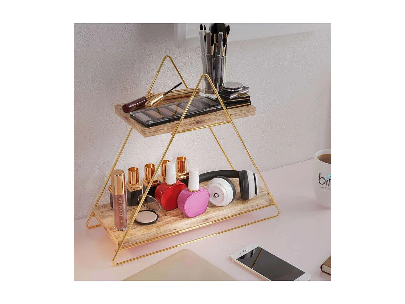 Estante de pared de madera maciza – 38 x 16 x 42 cm – Dorado y marrón