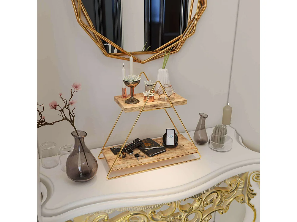 Prateleira de parede de madeira maciça – 38 x 16 x 42 cm – dourado e castanho