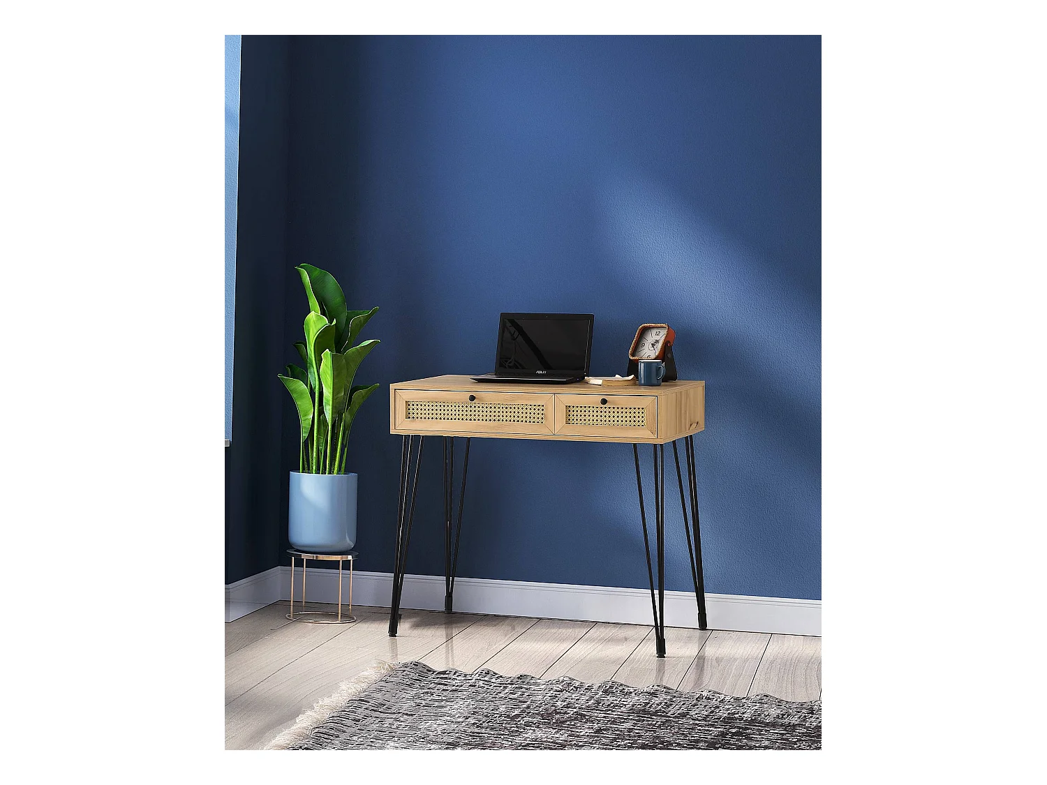 Bureau 2 tiroirs Weber 105cm Bois Naturel et Métal Noir