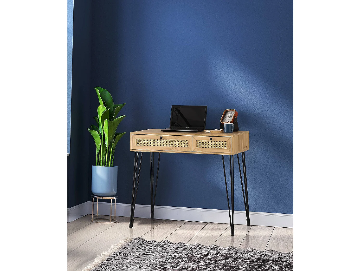 Bureau 2 tiroirs Weber 105cm Bois Naturel et Métal Noir