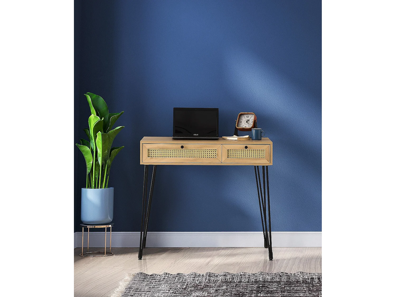 Bureau 2 tiroirs Weber 105cm Bois Naturel et Métal Noir