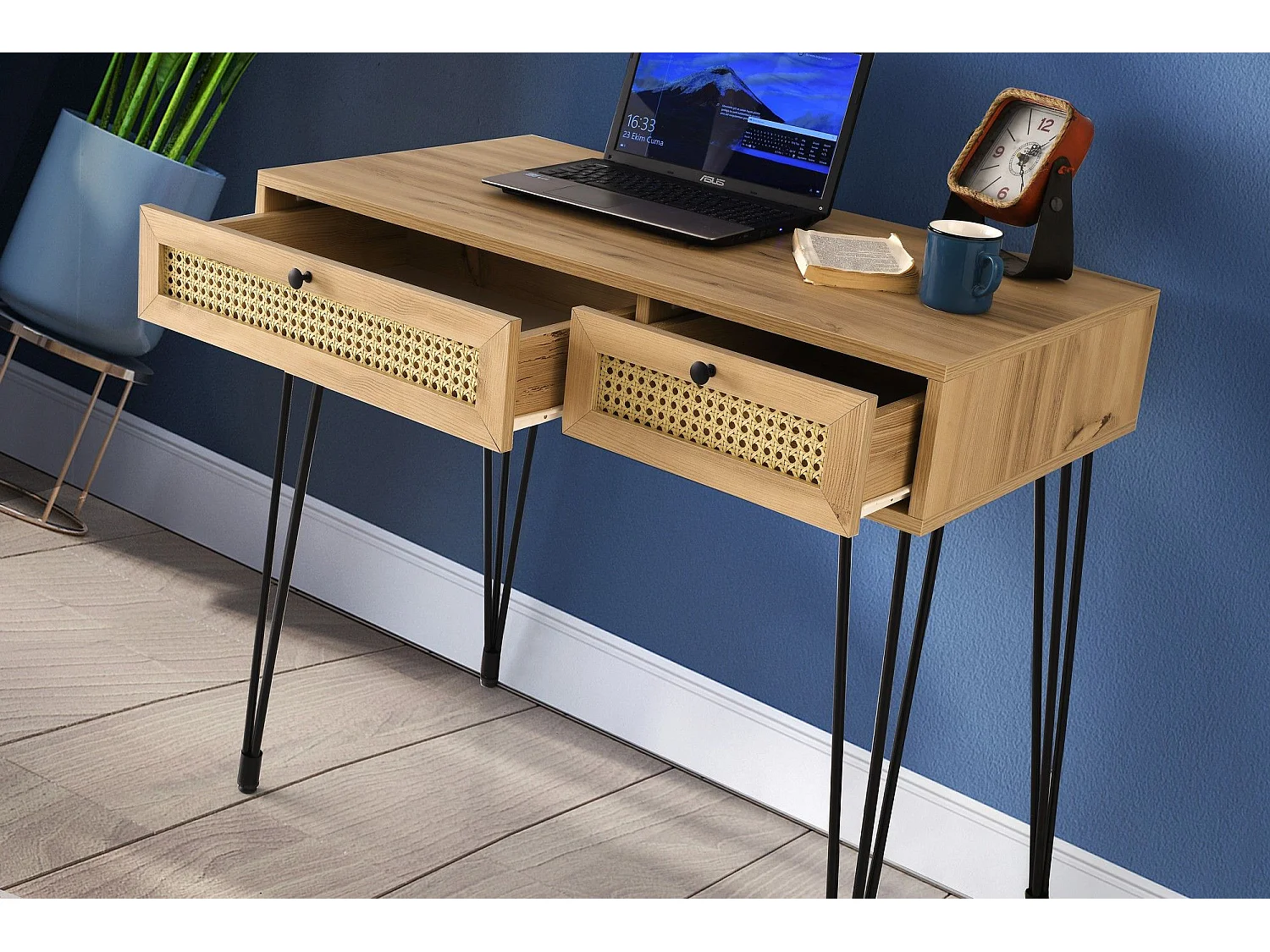 Bureau 2 tiroirs Weber 105cm Bois Naturel et Métal Noir