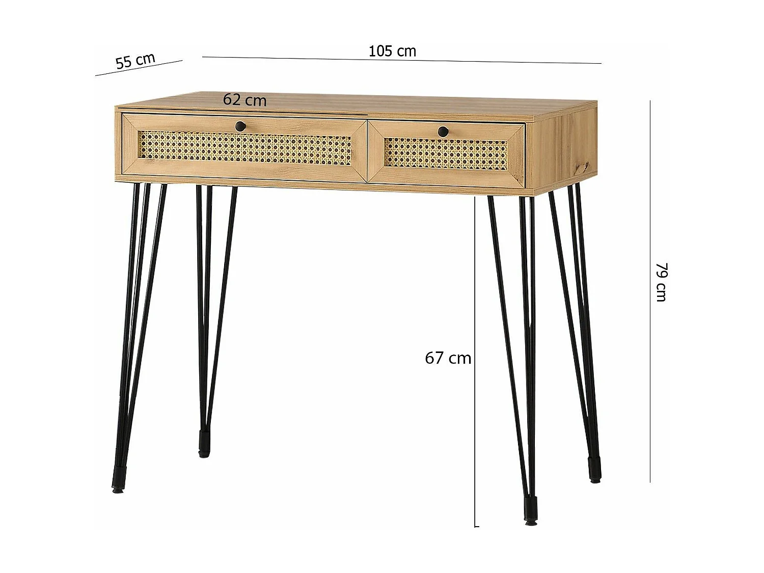 Bureau 2 tiroirs Weber 105cm Bois Naturel et Métal Noir