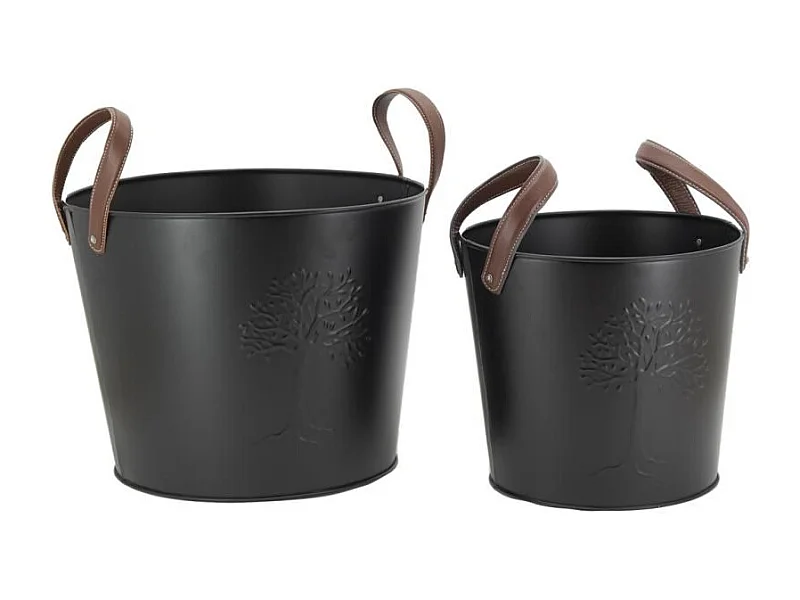 Seaux en métal noir et cuir (lot de 2)