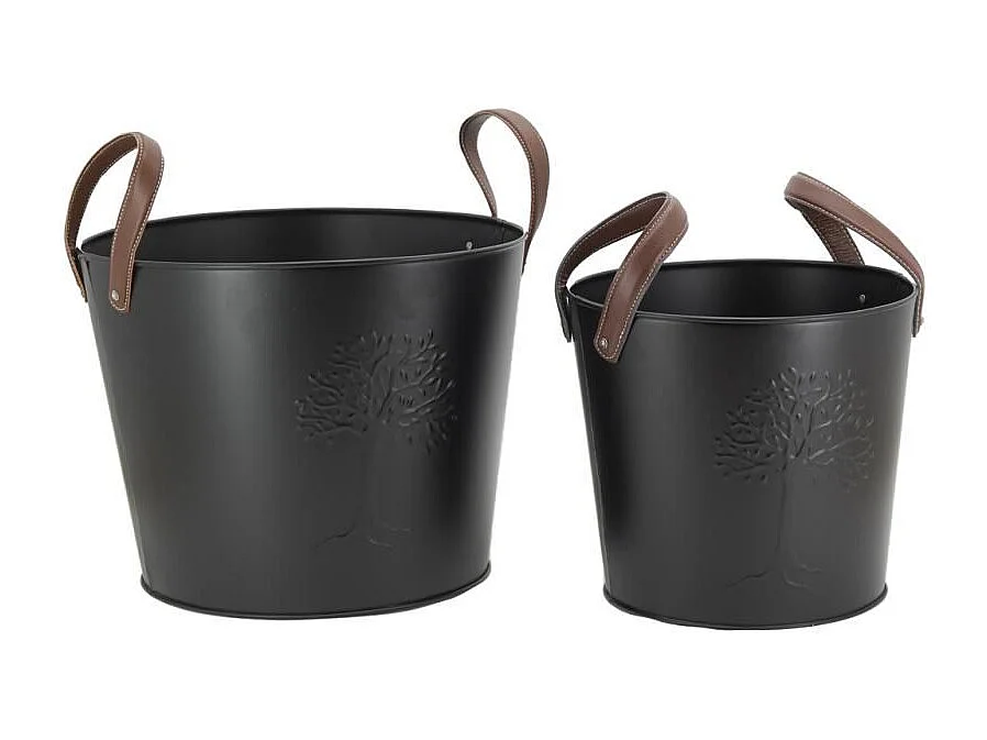 Seaux en métal noir et cuir (lot de 2)