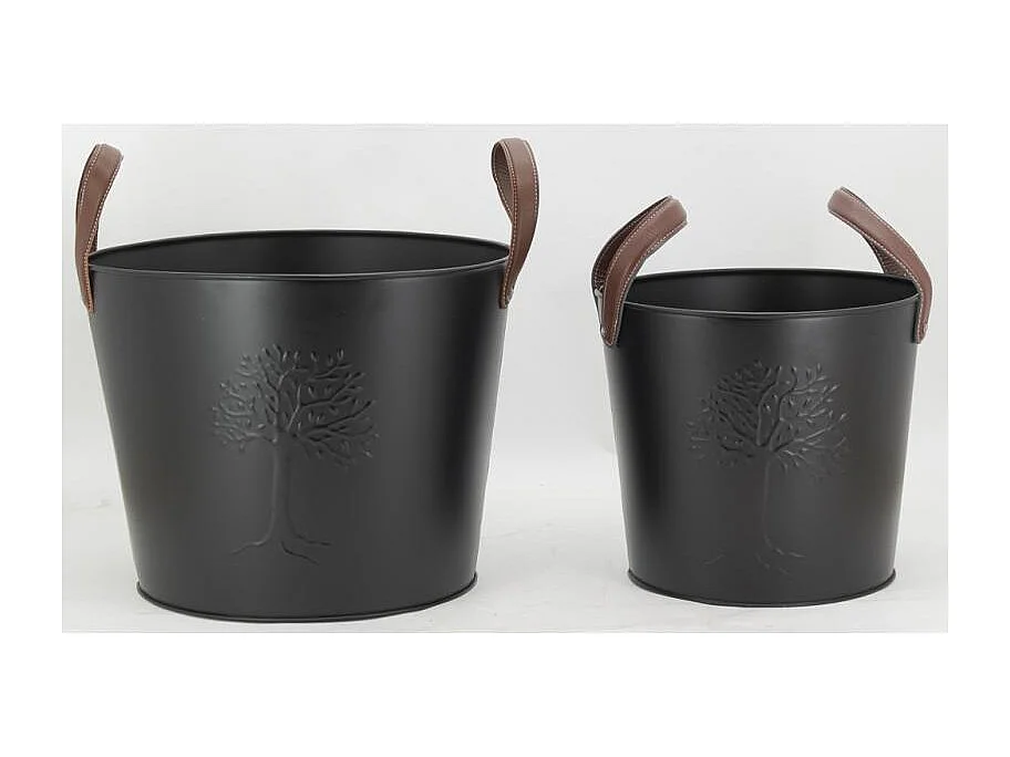 Seaux en métal noir et cuir (lot de 2)