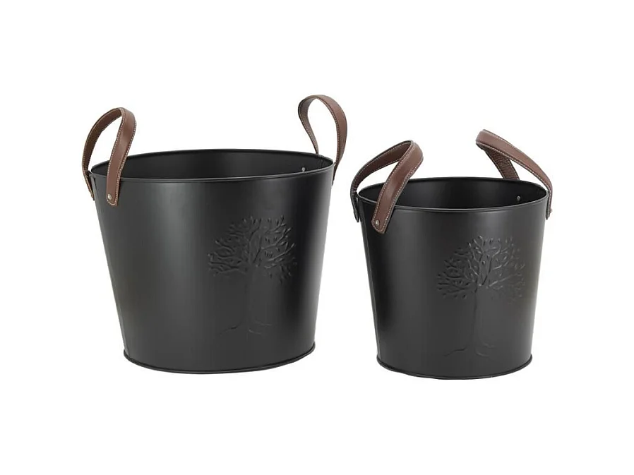 Seaux en métal noir et cuir (lot de 2)
