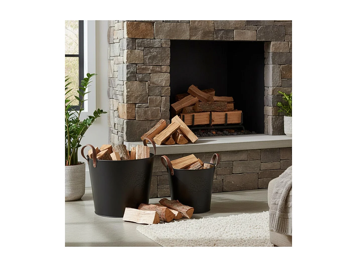 Seaux en métal noir et cuir (lot de 2)