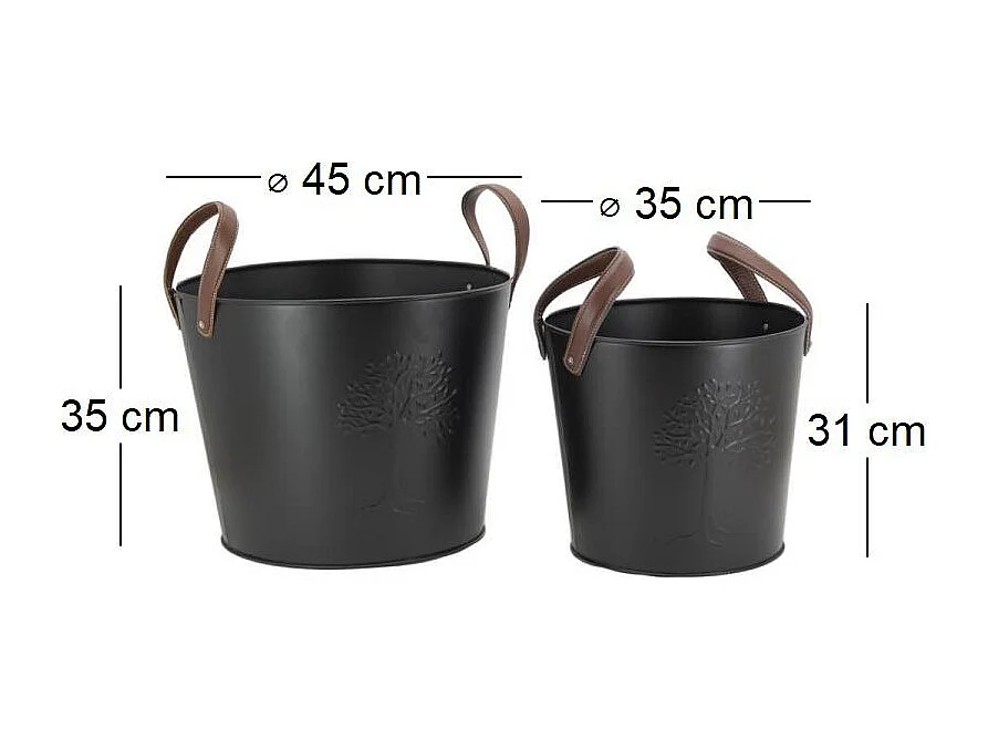 Seaux en métal noir et cuir (lot de 2)
