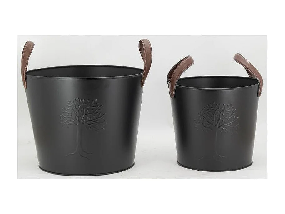 Seaux en métal noir et cuir (lot de 2)