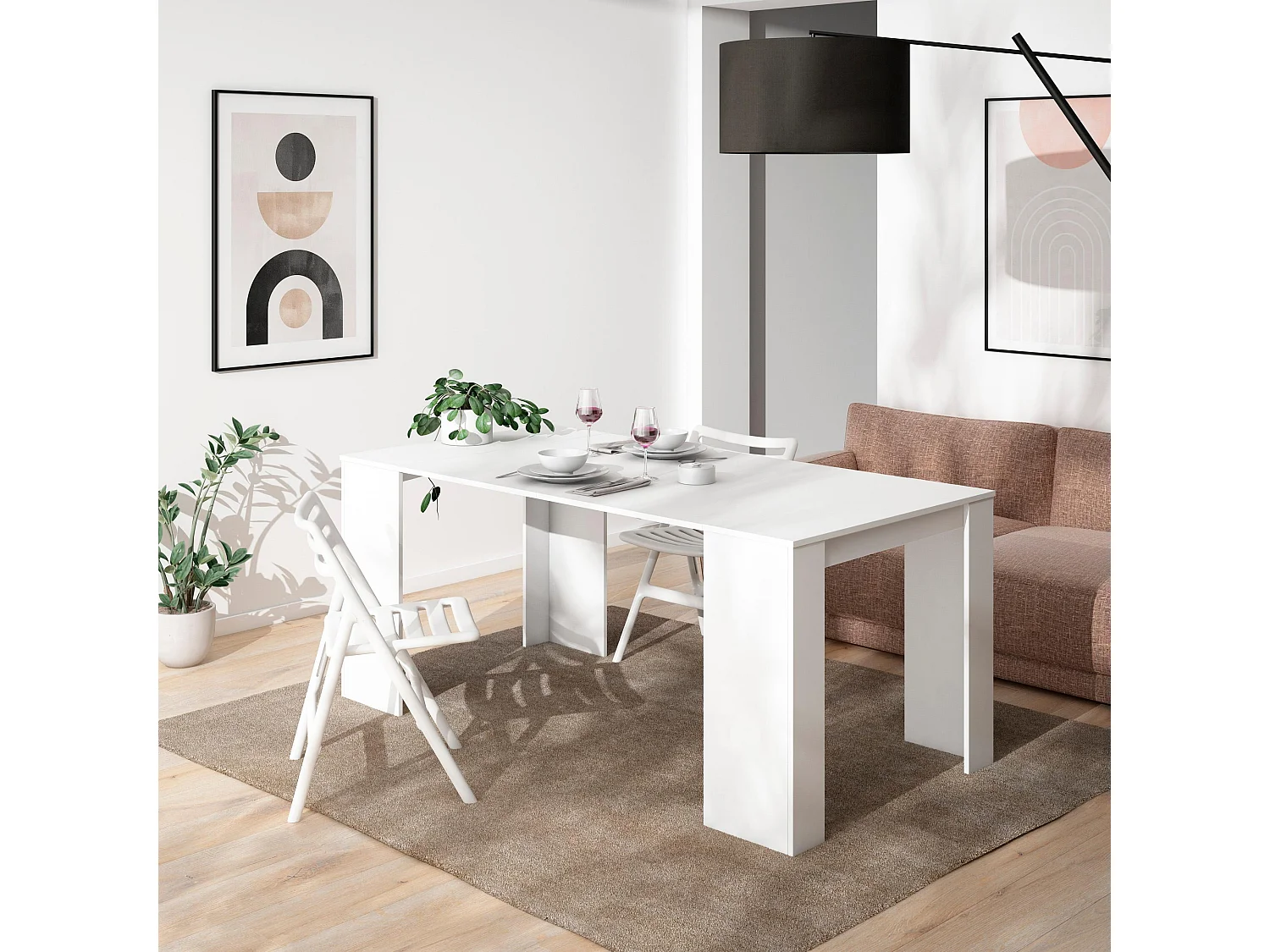 Table console extensible, 180x90x77cm, Pour 8 personnes, Table à Manger, Blanc