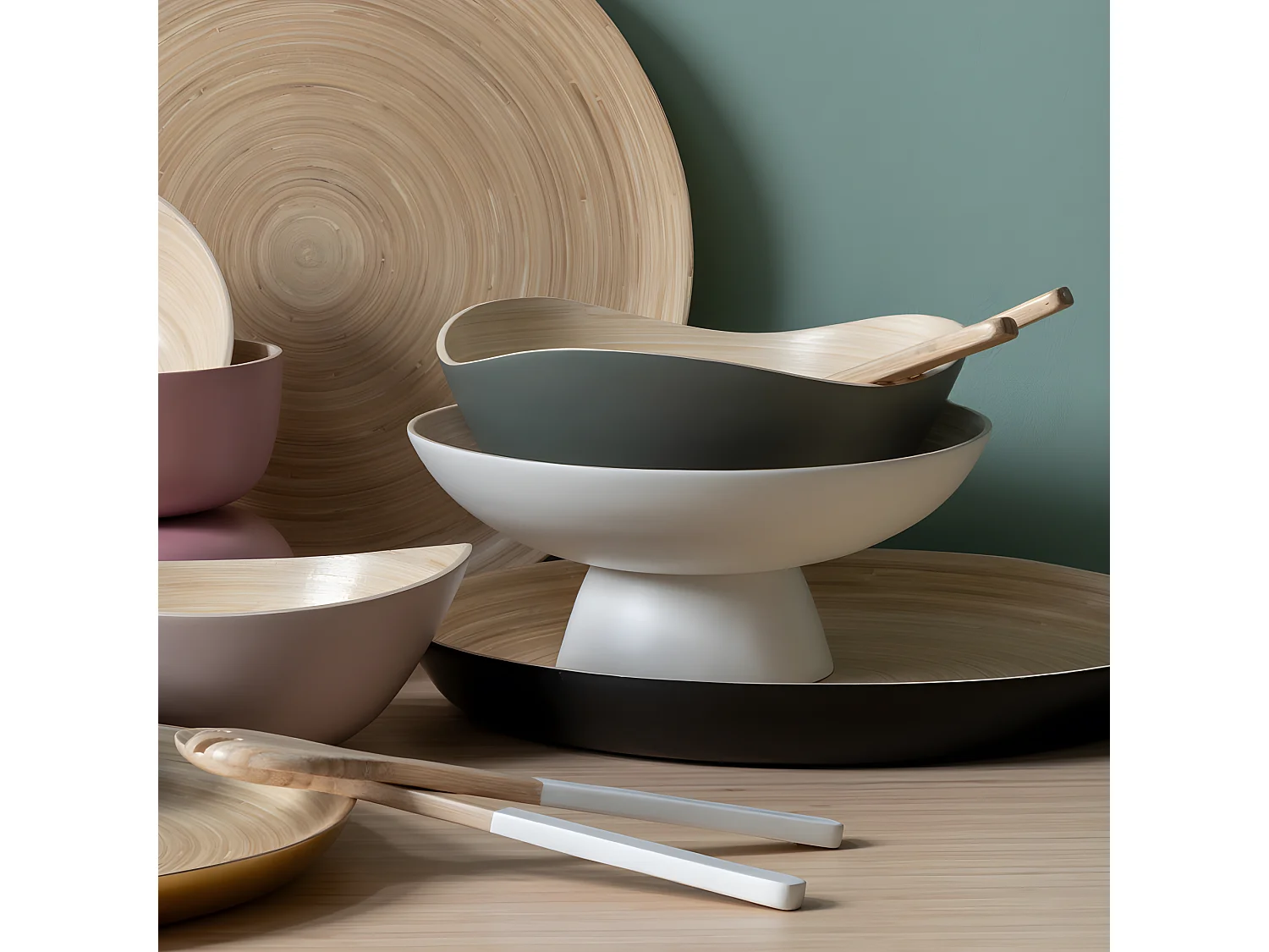 Lot de 3 saladiers rond en bambou Vert  Present Time