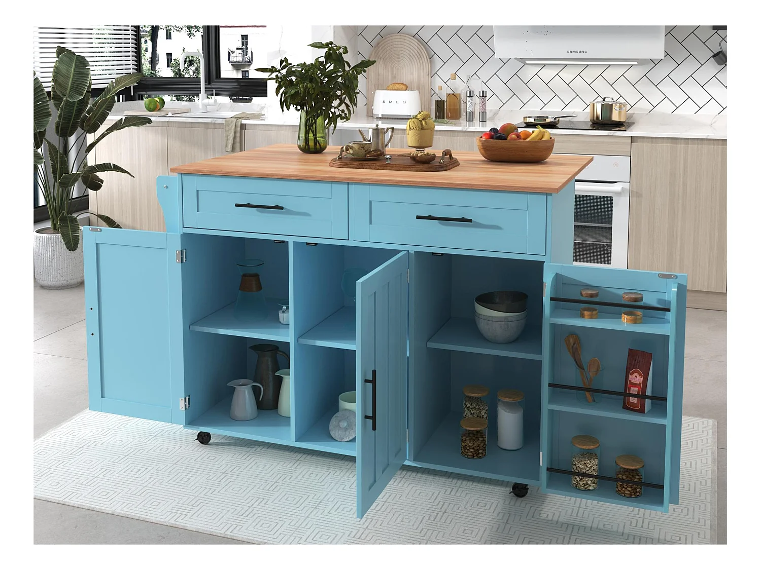 Ilot central de cuisine mobile - Plateau extensible - 2 tiroirs + portes d'armoire de rangement - Bleu Ciel
