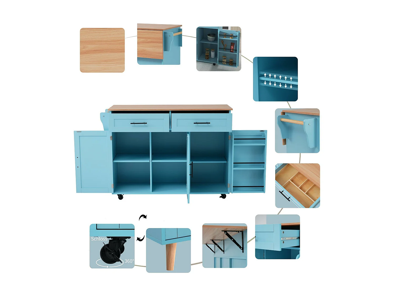 Ilot central de cuisine mobile - Plateau extensible - 2 tiroirs + portes d'armoire de rangement - Bleu Ciel