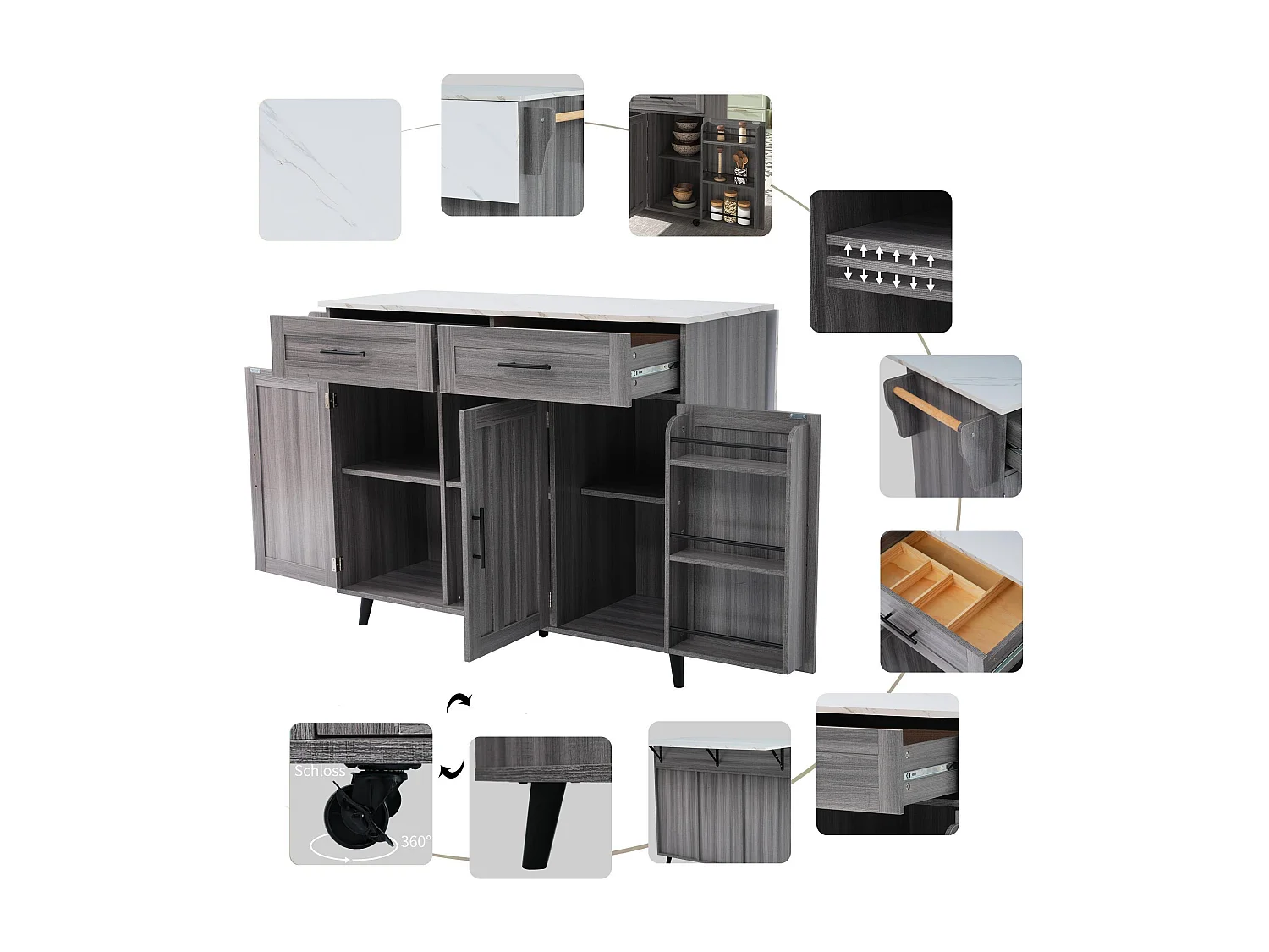Ilot central de cuisine mobile - Plateau extensible - 2 tiroirs + portes d'armoire de rangement - Gris