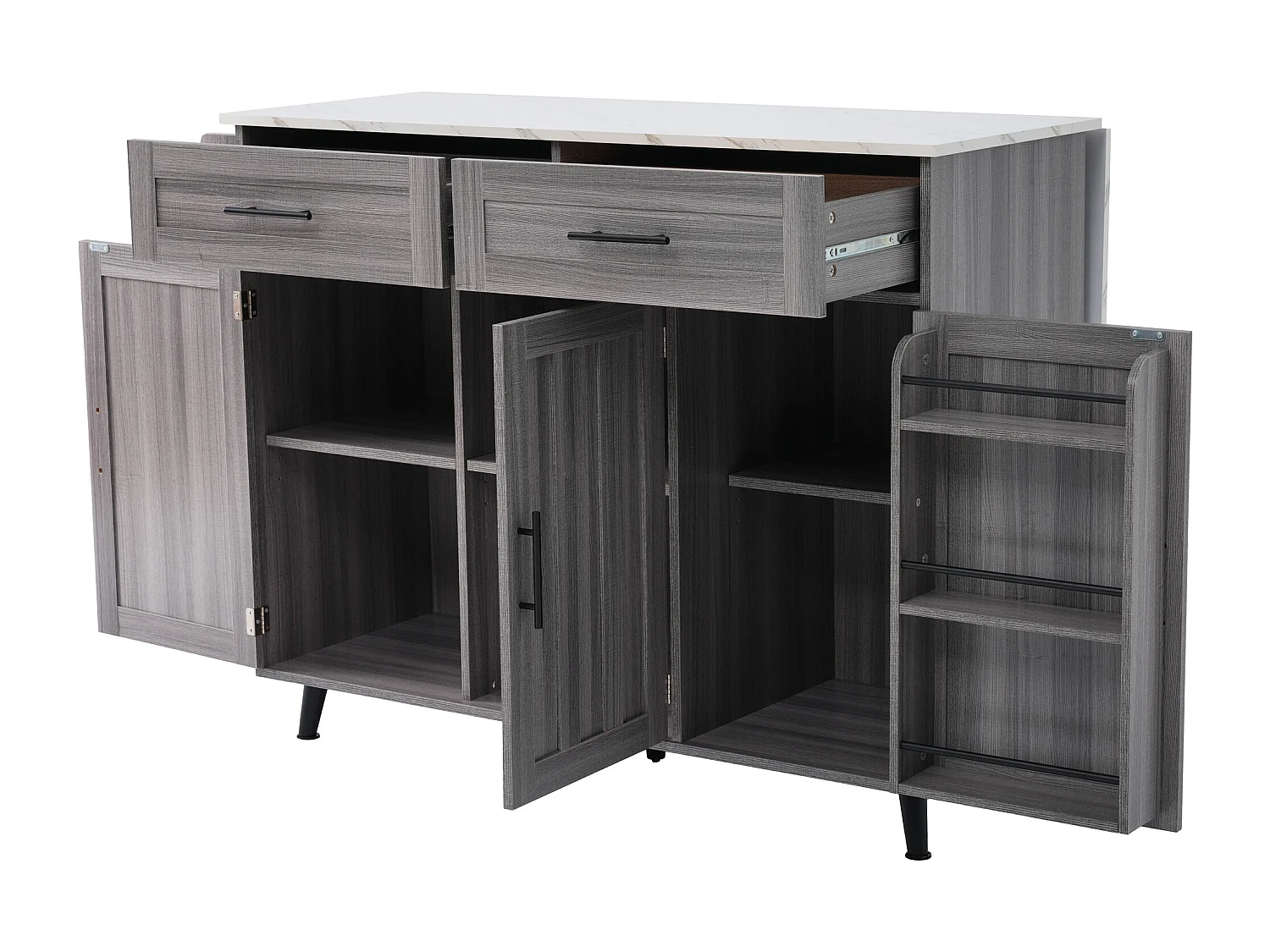 Ilot central de cuisine mobile - Plateau extensible - 2 tiroirs + portes d'armoire de rangement - Gris