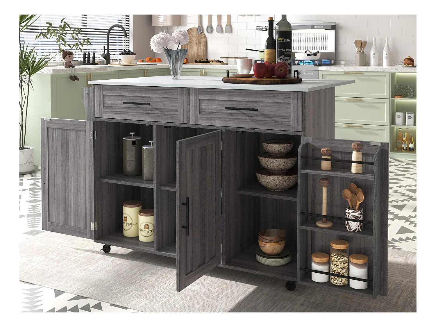 Ilot central de cuisine mobile - Plateau extensible - 2 tiroirs + portes d'armoire de rangement - Gris