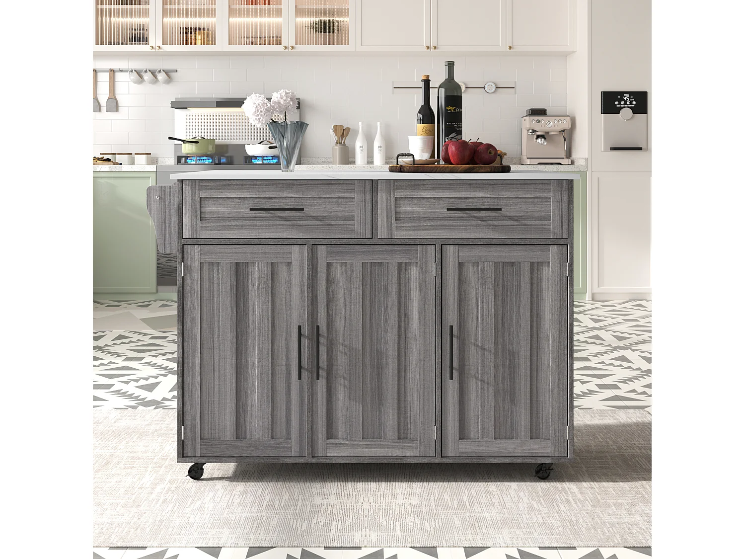 Ilot central de cuisine mobile - Plateau extensible - 2 tiroirs + portes d'armoire de rangement - Gris