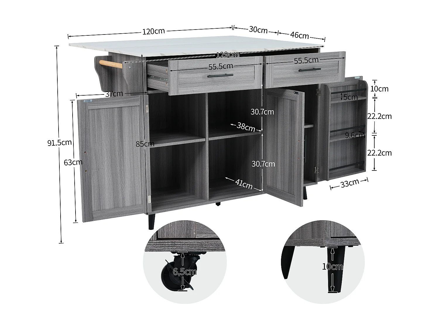 Ilot central de cuisine mobile - Plateau extensible - 2 tiroirs + portes d'armoire de rangement - Gris