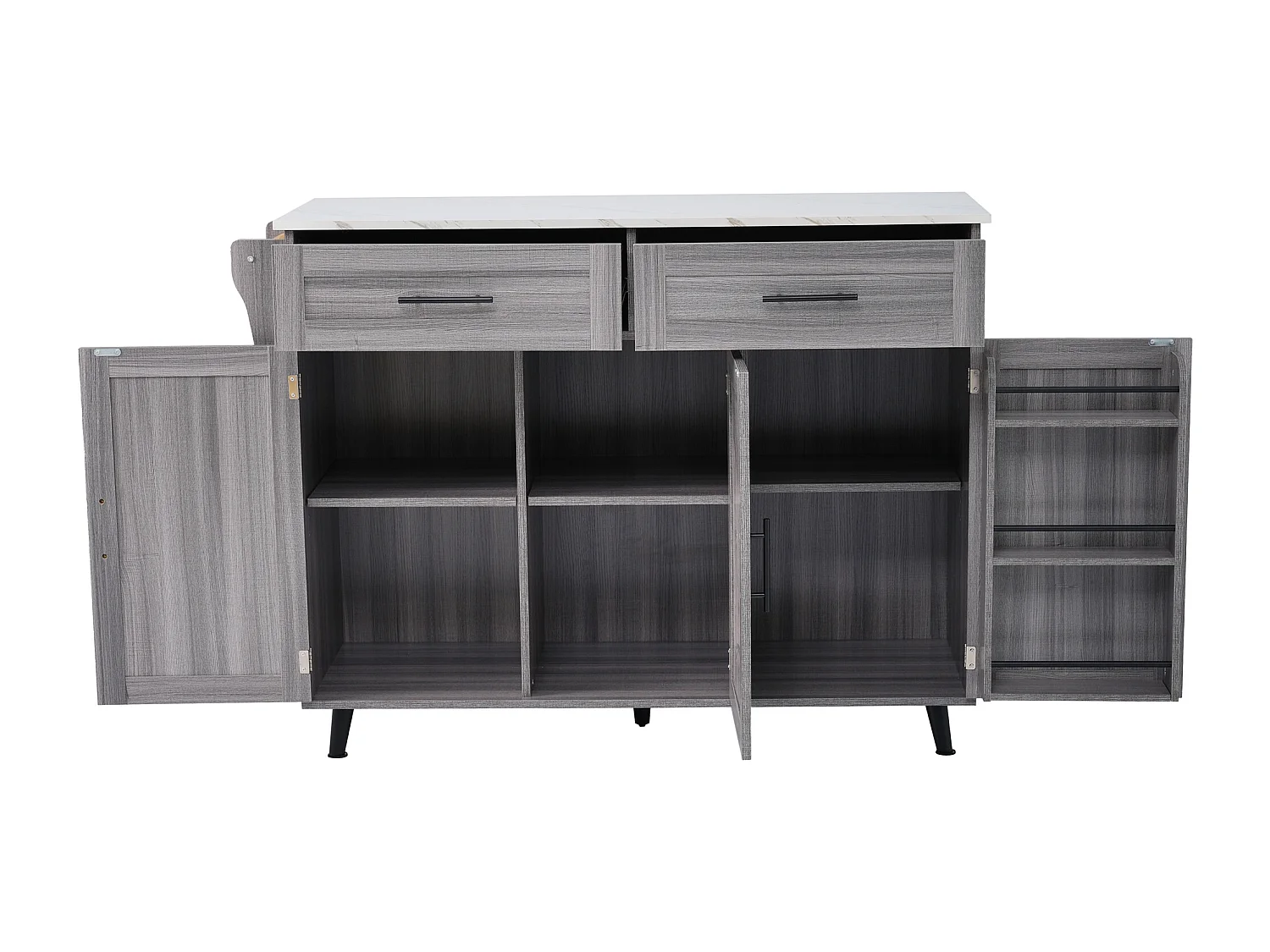 Ilot central de cuisine mobile - Plateau extensible - 2 tiroirs + portes d'armoire de rangement - Gris