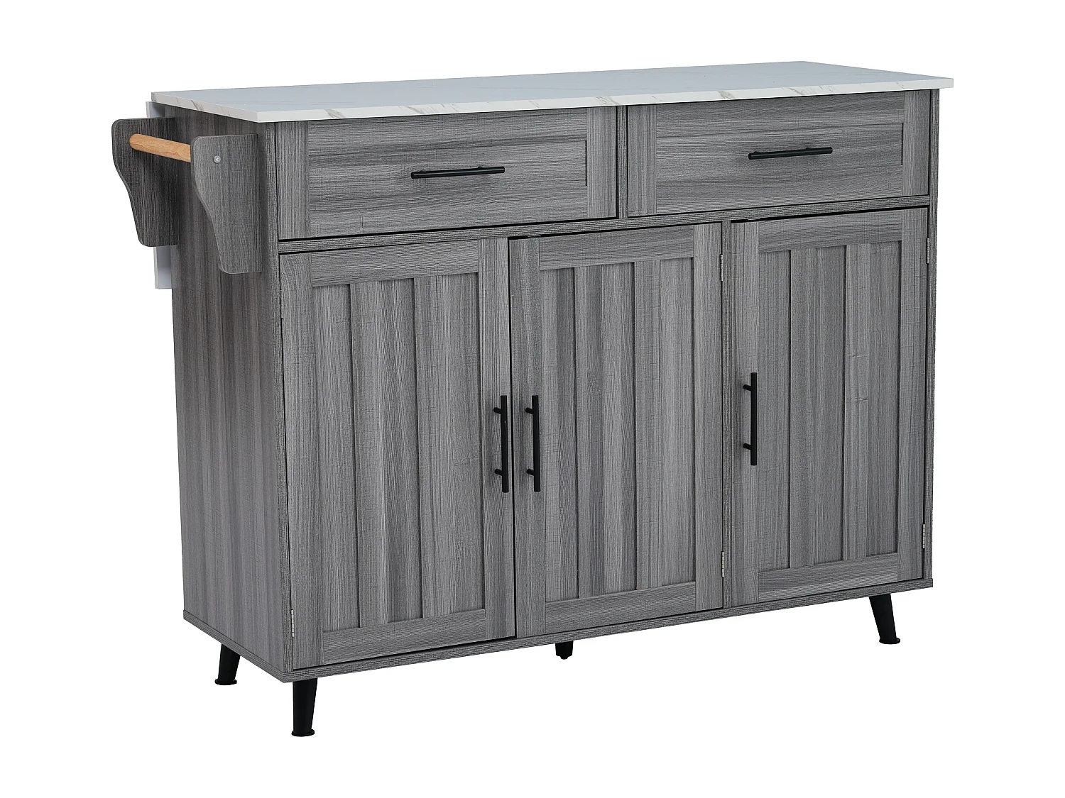 Ilot central de cuisine mobile - Plateau extensible - 2 tiroirs + portes d'armoire de rangement - Gris