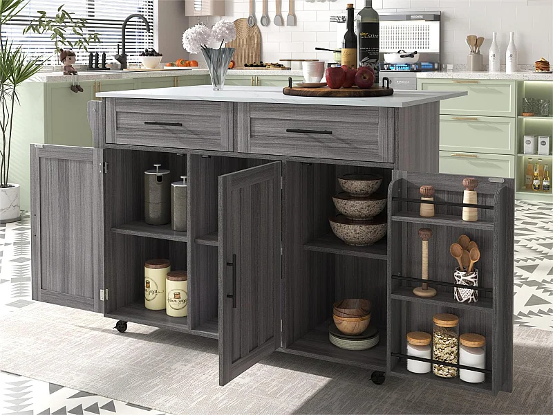 Ilot central de cuisine mobile - Plateau extensible - 2 tiroirs + portes d'armoire de rangement - Gris