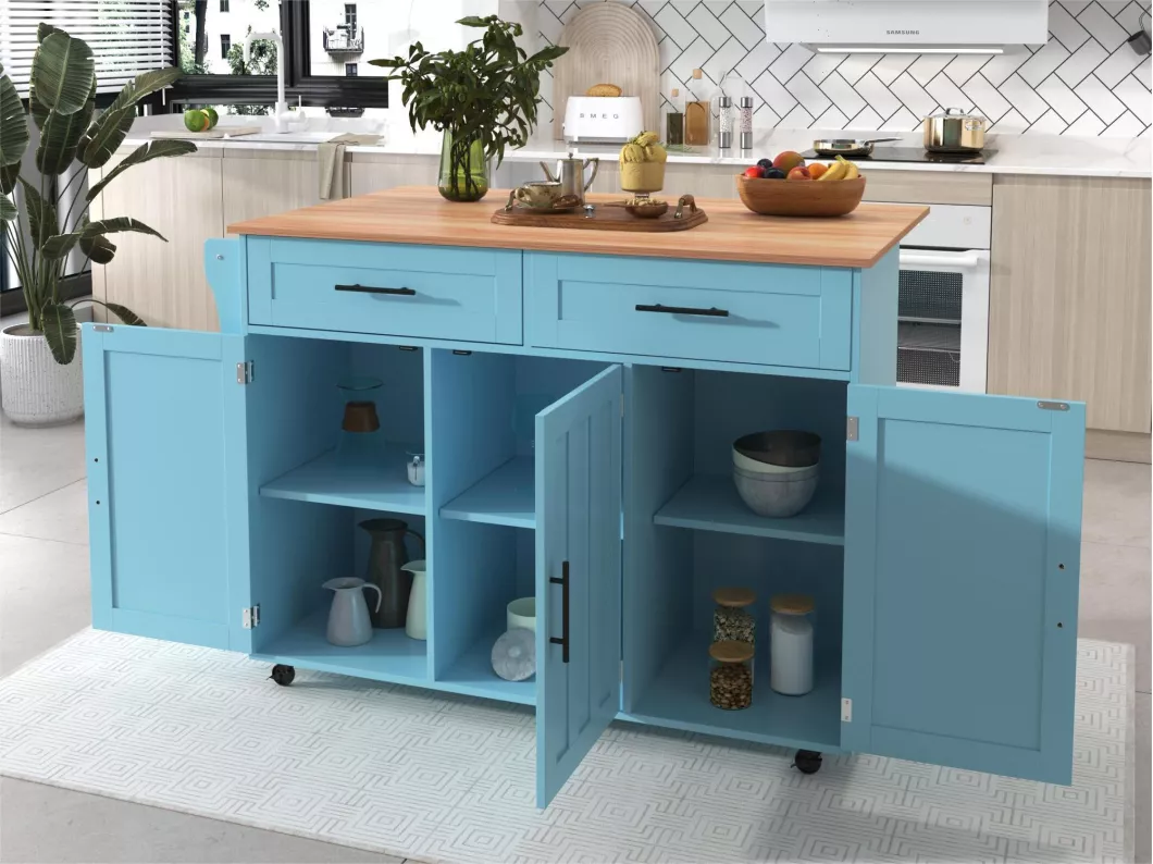 Kauf Unique Sideboard mit klappbarer Konsole und 2 Schubladen – Rollen oder Beine aus Massivholz – Himmelblau