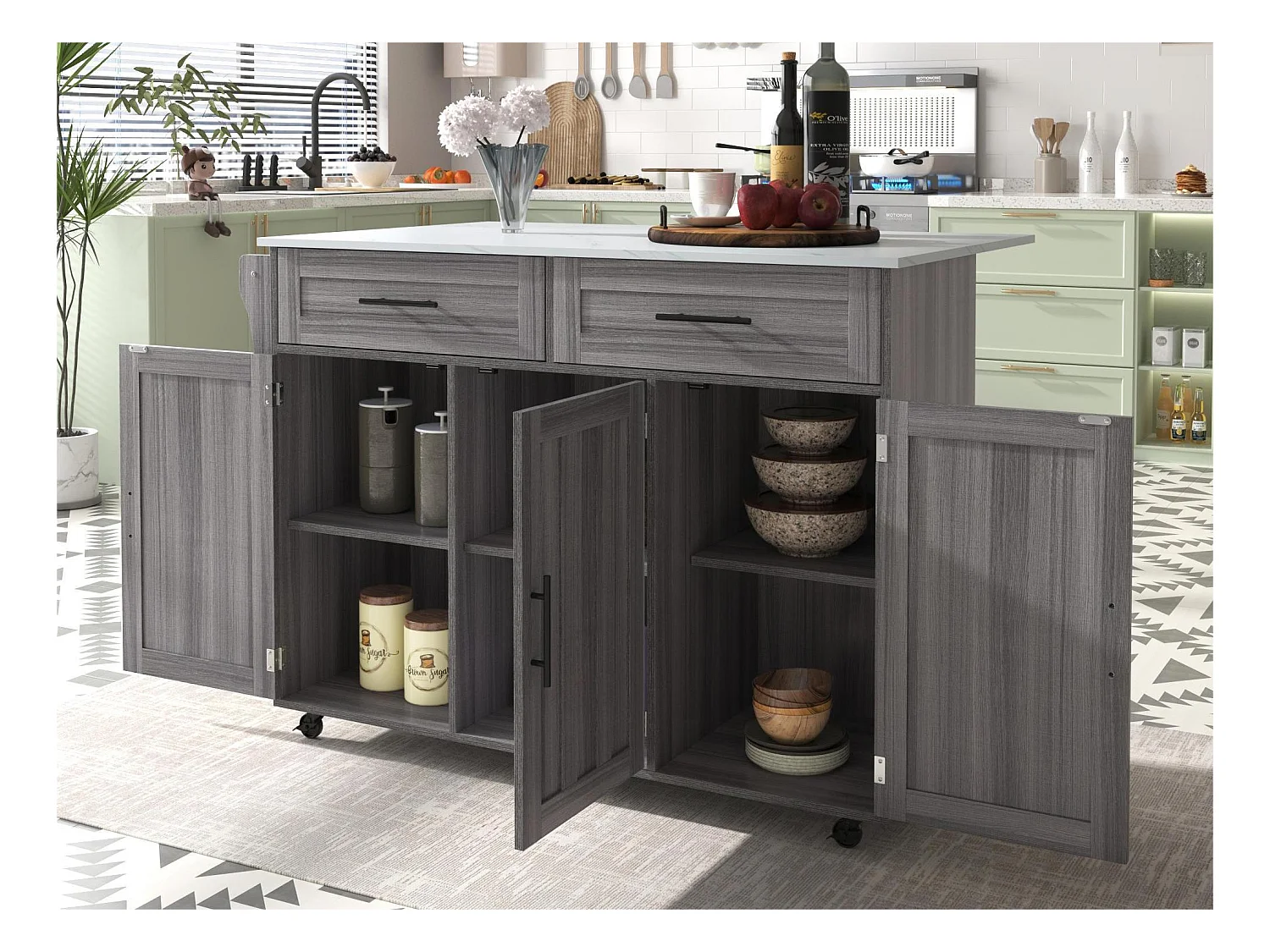 Ilot central de cuisine avec 2 tiroirs - Plateau extensible - pieds en roulettes ou en bois massif - Gris