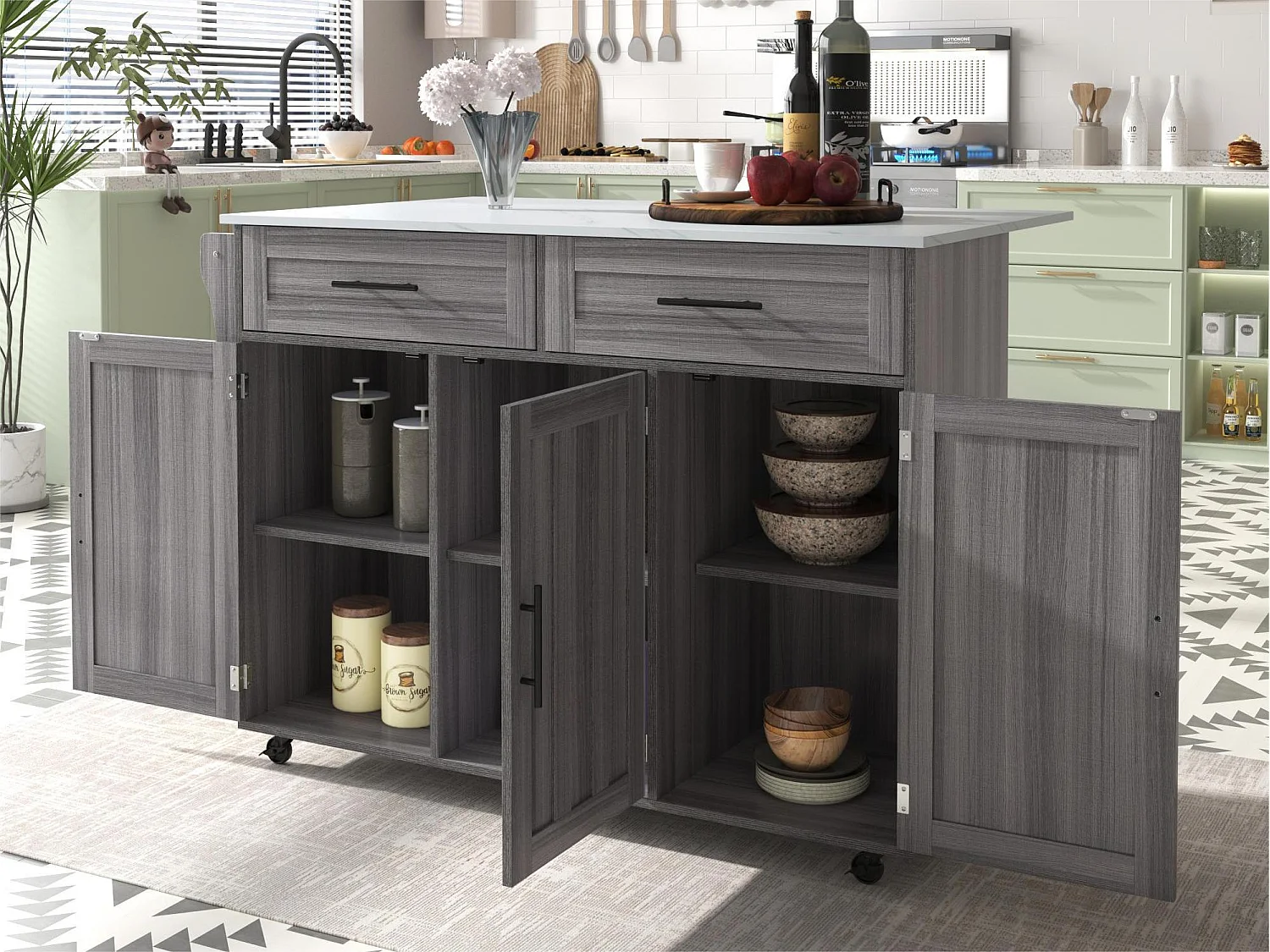 Ilot central de cuisine avec 2 tiroirs - Plateau extensible - pieds en roulettes ou en bois massif - Gris