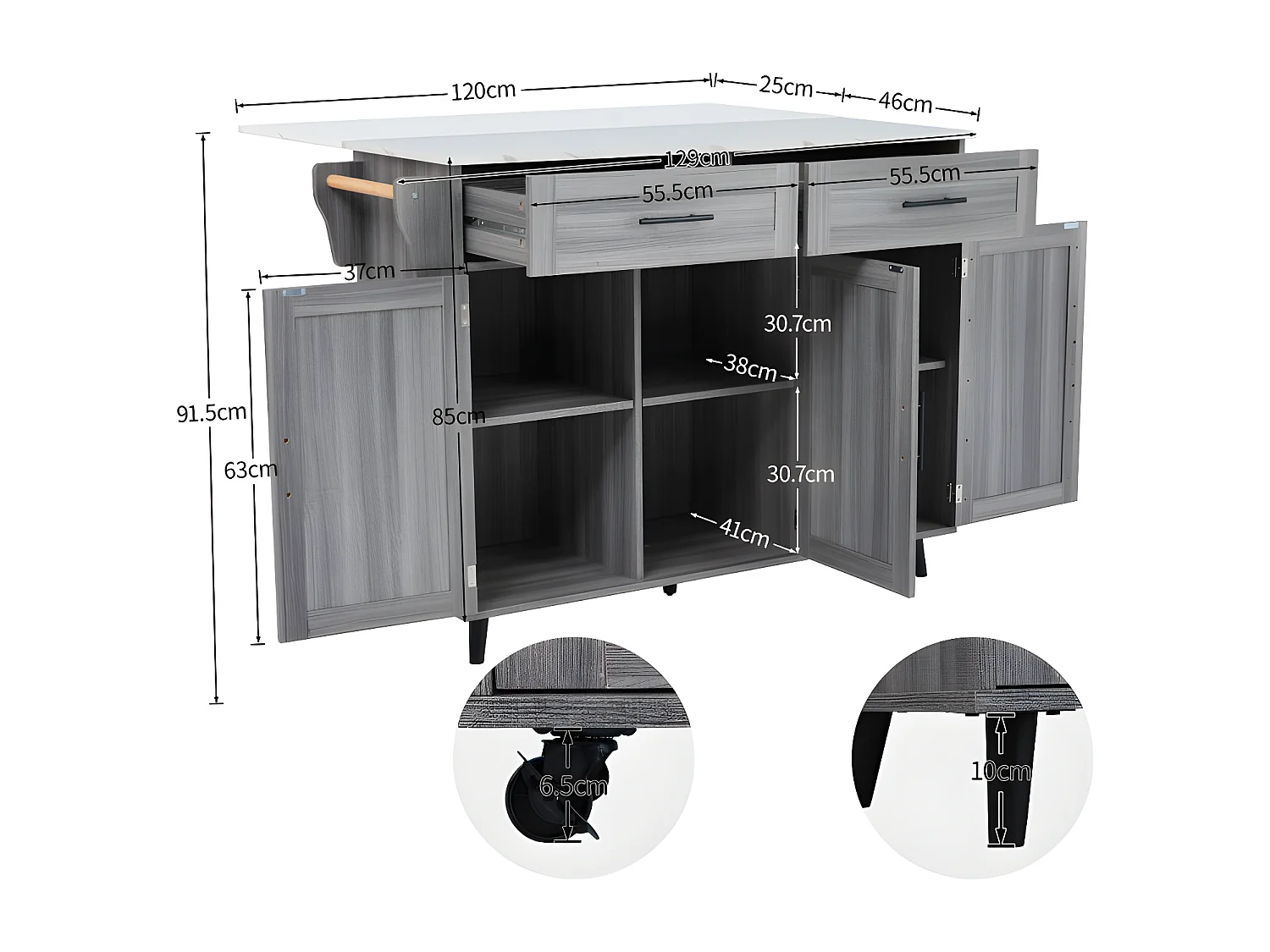 Ilot central de cuisine avec 2 tiroirs - Plateau extensible - pieds en roulettes ou en bois massif - Gris