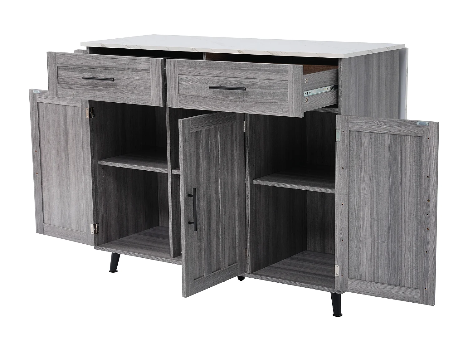 Ilot central de cuisine avec 2 tiroirs - Plateau extensible - pieds en roulettes ou en bois massif - Gris