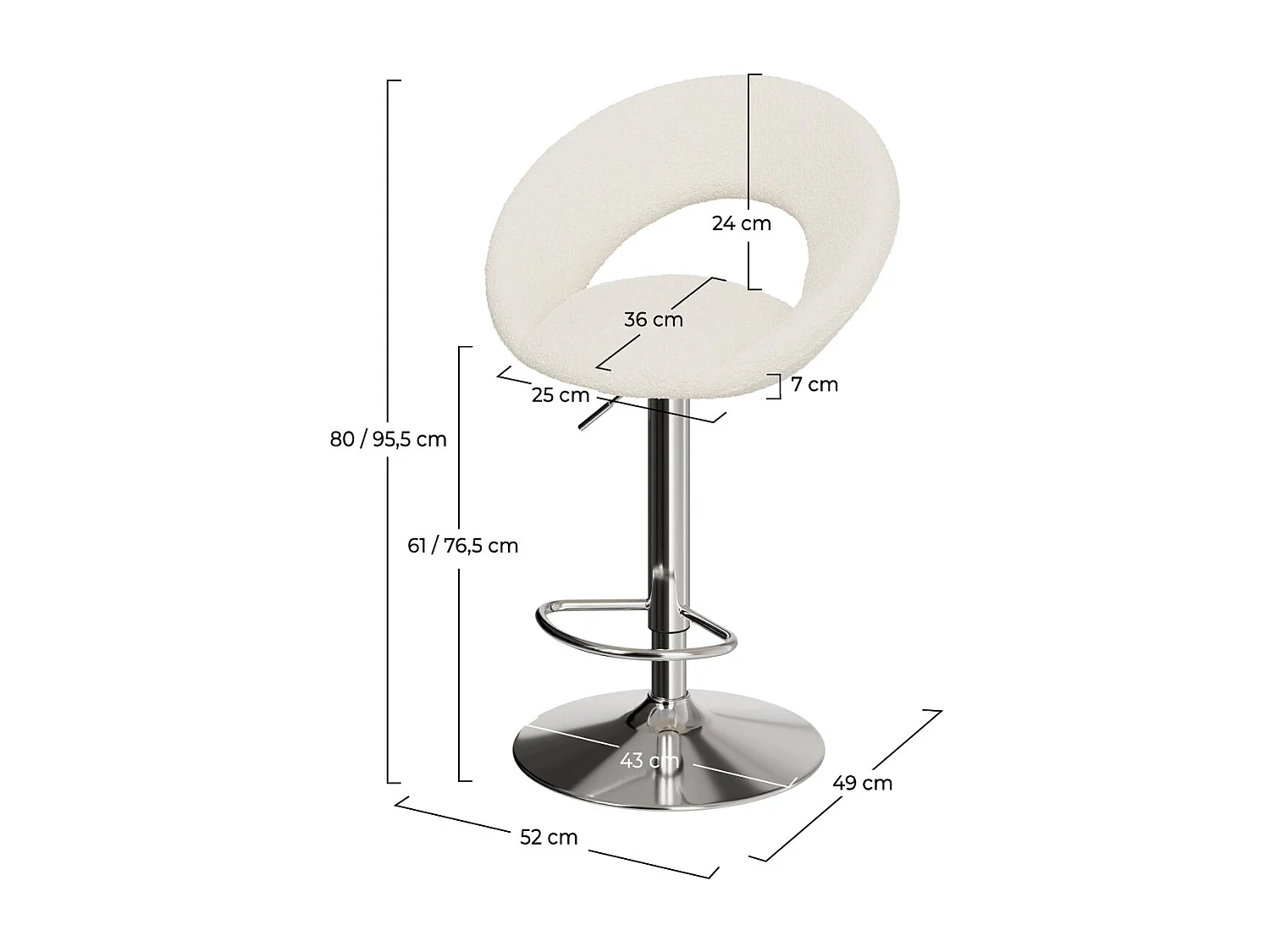 Set di 2 sedie da bar in tessuto bouclé bianco H61/76,5 cm - Cloclo